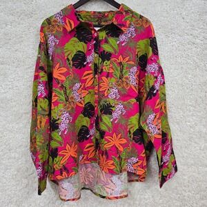 C&C California Womens Button Linen Shirt Size 2X Colorful Tropical Leopard Beach